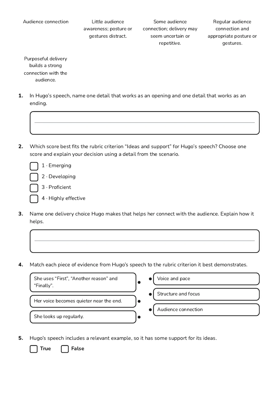 Speech Assessment Rubric, page 2 of 3: Audience connection Little audience Some audience Regular audience