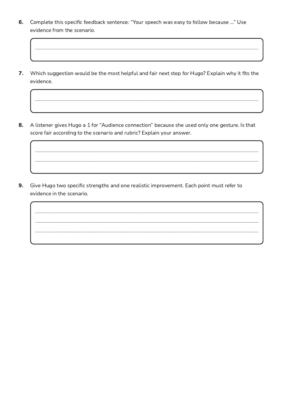 Speech Assessment Rubric, page 3 of 3: 6. Complete this specific feedback sentence: “Your speech was easy to follow because …”…