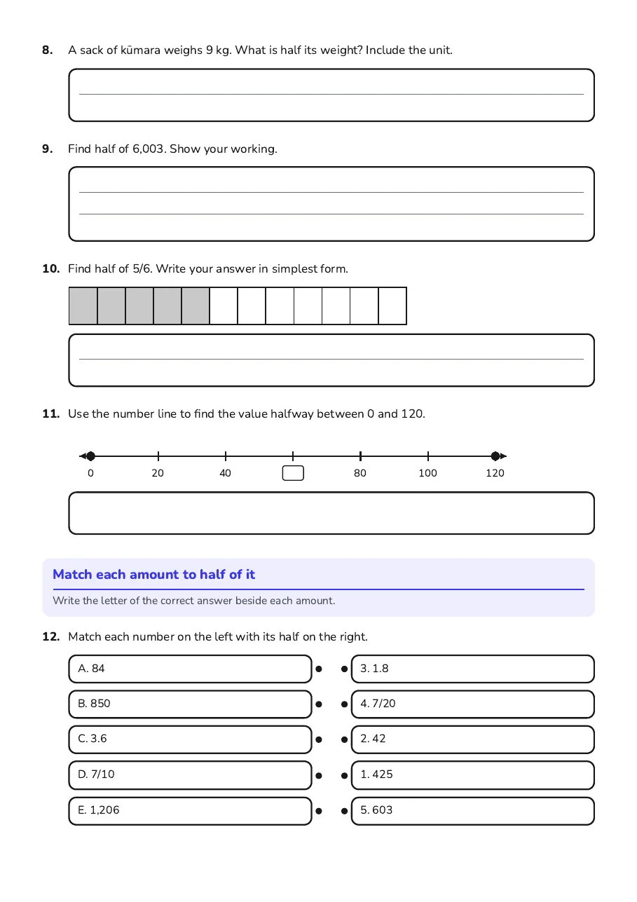 Halving Numbers Worksheet, page 2 of 3: Match each amount to half of it