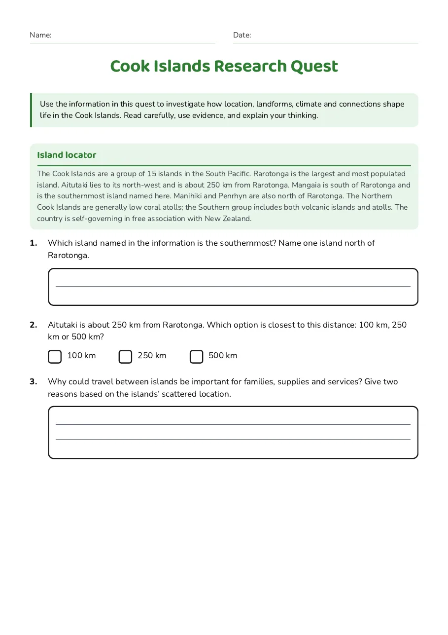 Cook Islands Research Quest, page 1 of 3: Island locator