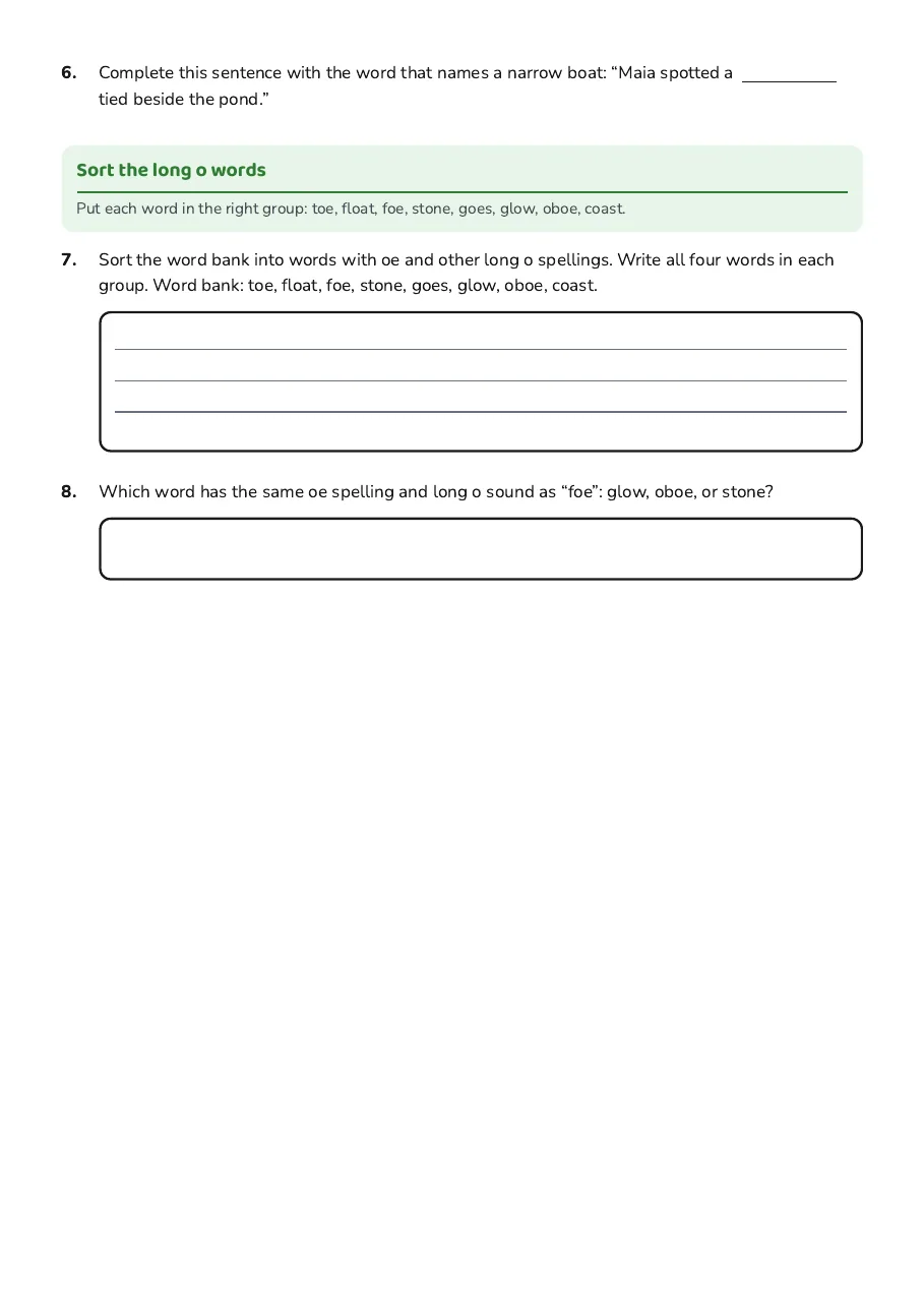 A short pond-side story gives practice finding oe words and understanding details.