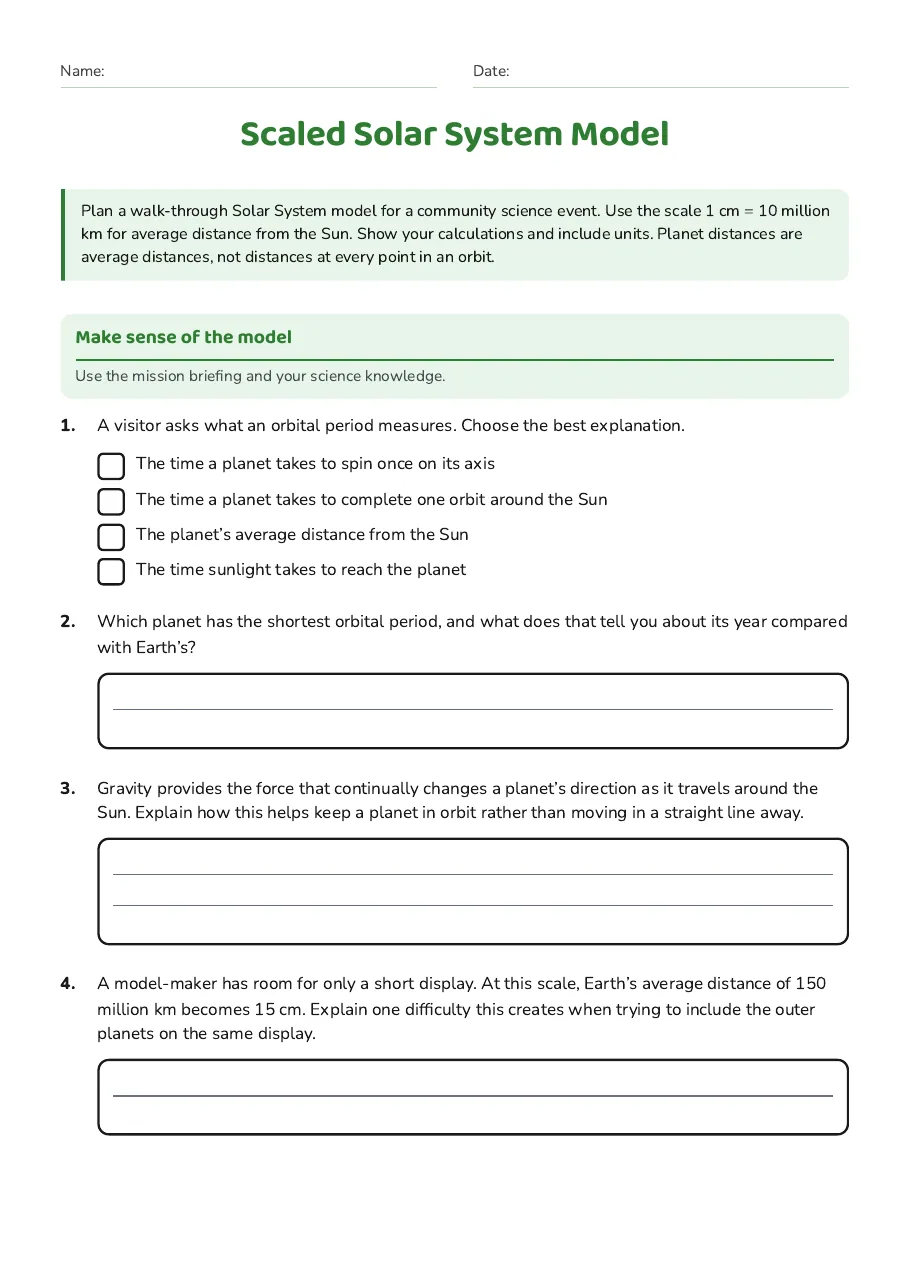 Scaled Solar System Model, page 1 of 3: Make sense of the model