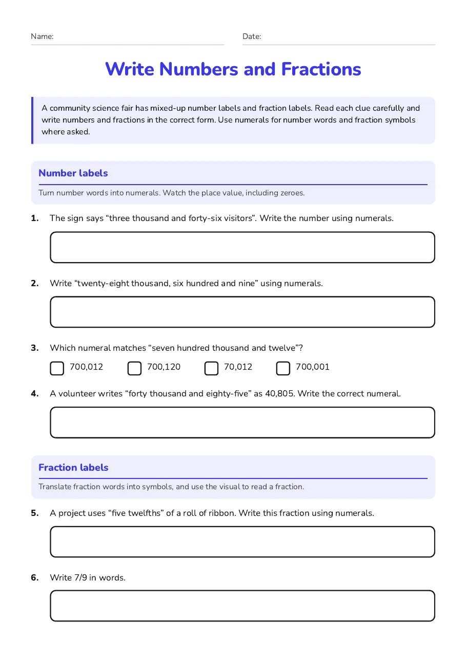 Write Numbers and Fractions, page 1 of 2: Number labels, Fraction labels