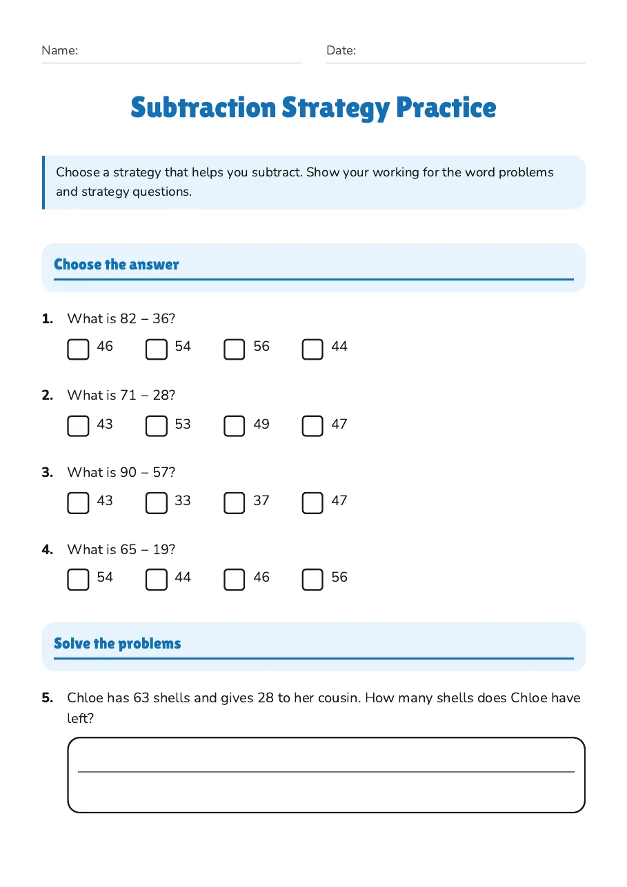 Subtraction Strategy Practice, page 1 of 3: Choose the answer, Solve the problems