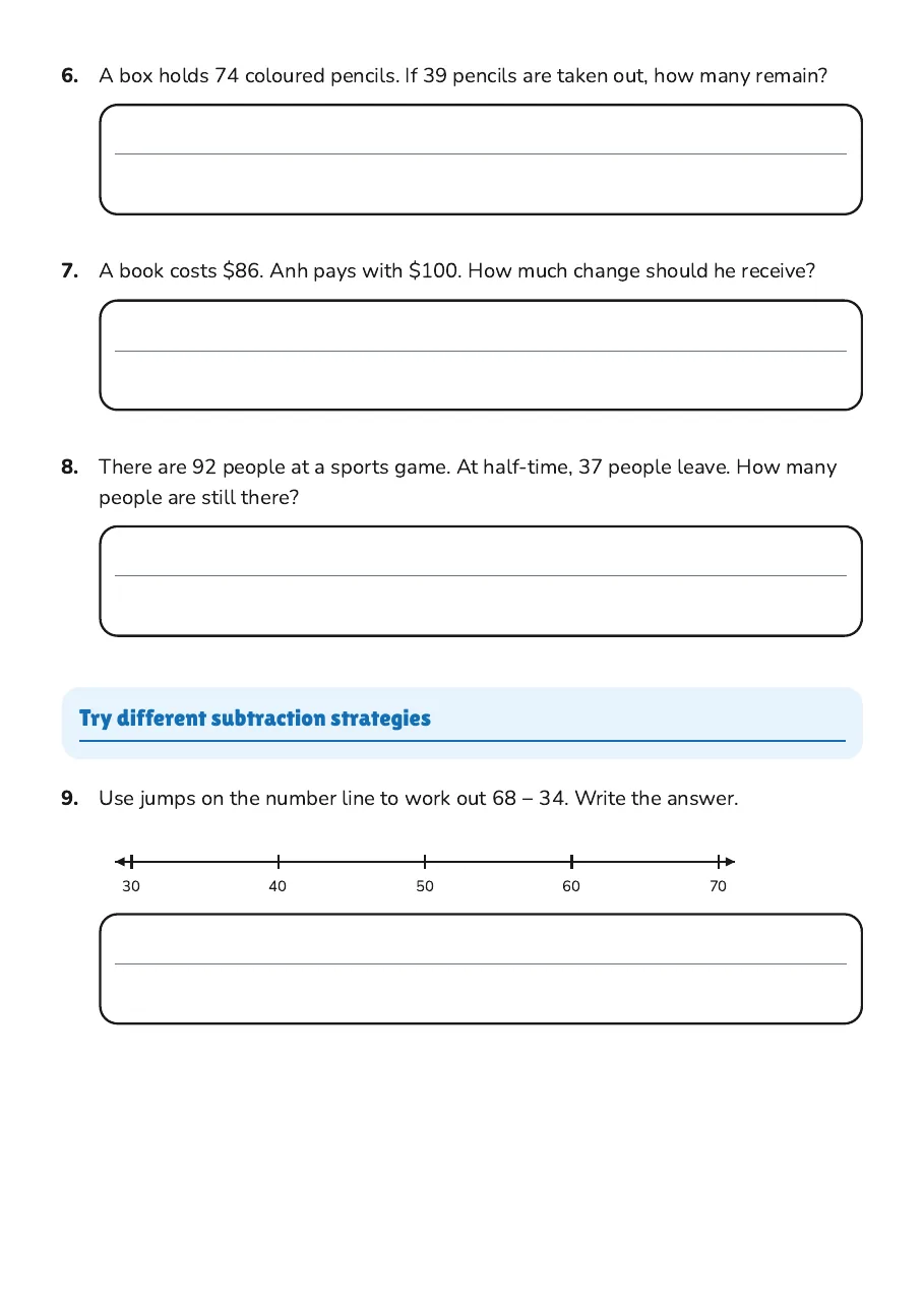 Subtraction Strategy Practice, page 2 of 3: Try different subtraction strategies