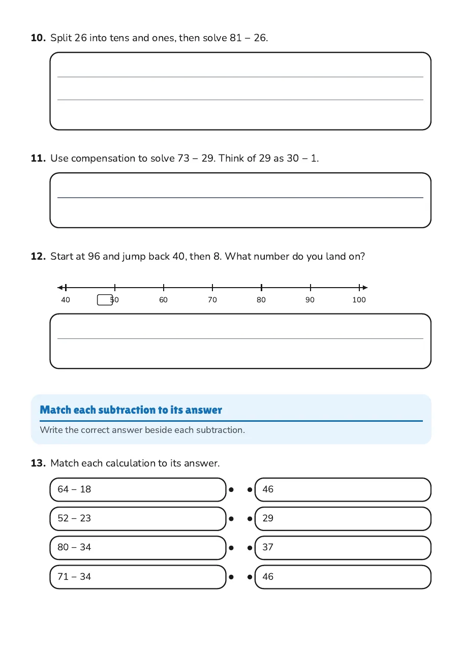 Subtraction Strategy Practice, page 3 of 3: Match each subtraction to its answer