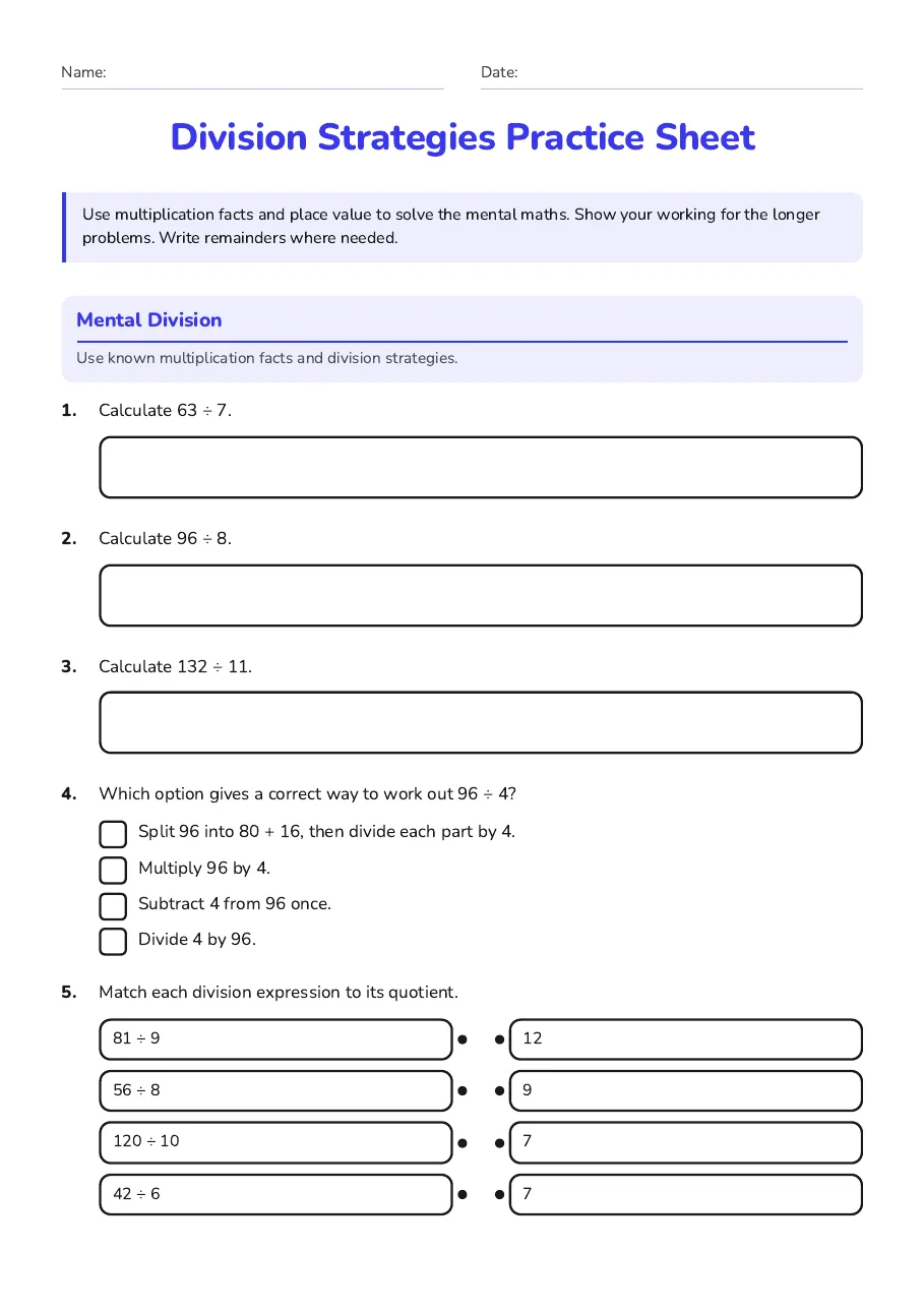 Division Strategies Practice Sheet, page 1 of 3: Mental Division