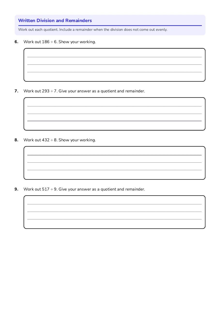 Division Strategies Practice Sheet, page 2 of 3: Written Division and Remainders