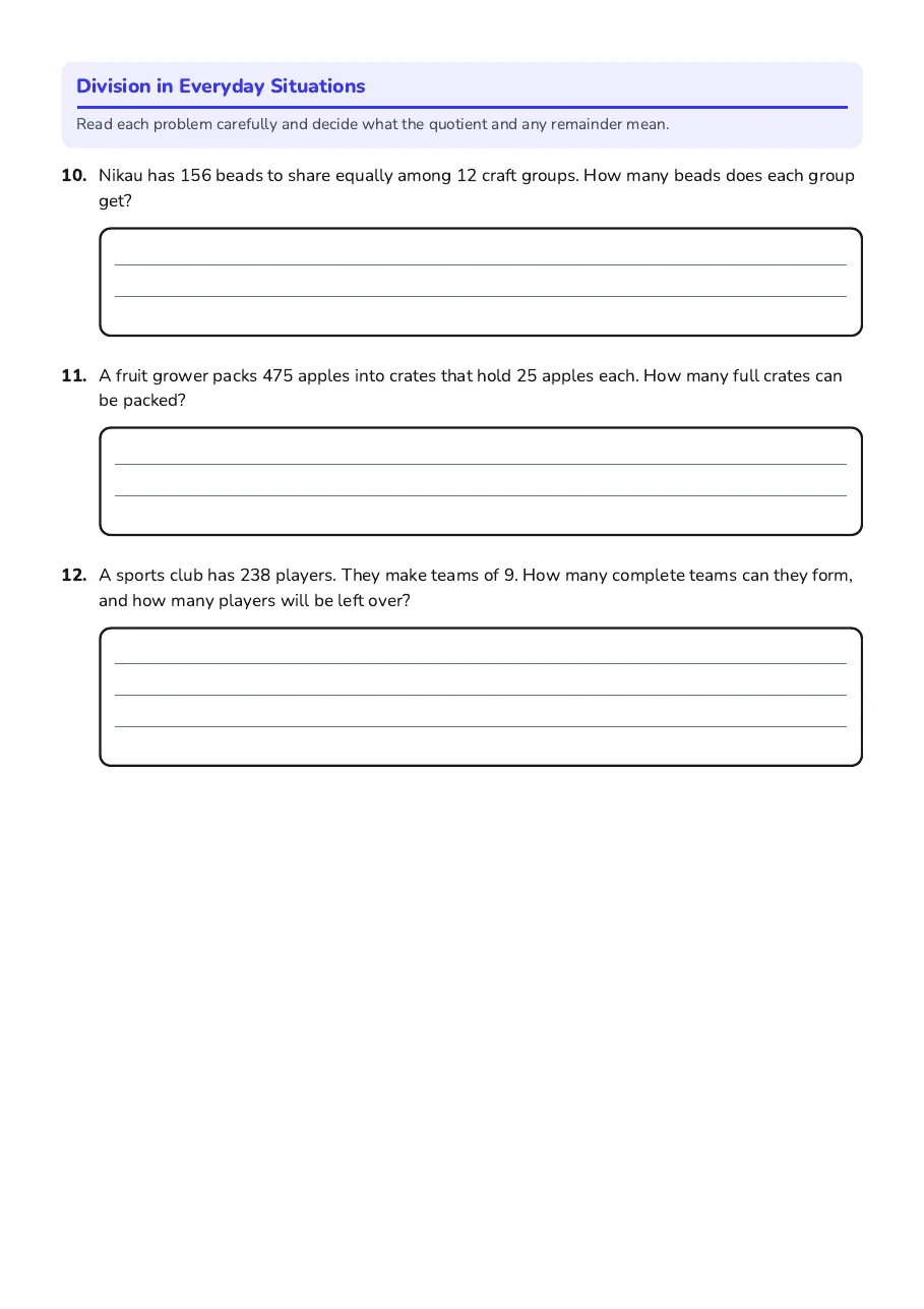 Division Strategies Practice Sheet, page 3 of 3: Division in Everyday Situations