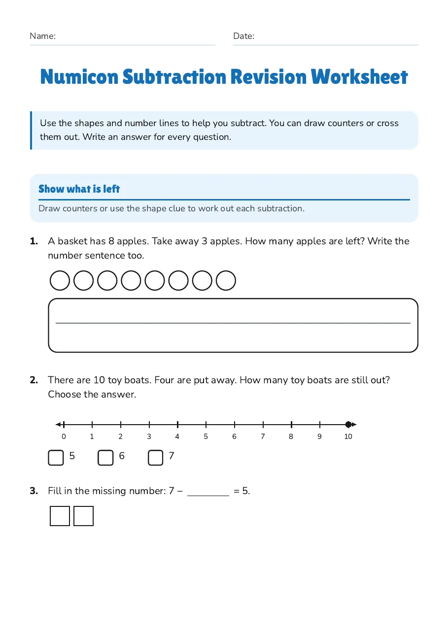 Numicon Subtraction Revision Worksheet, page 1 of 3: Show what is left