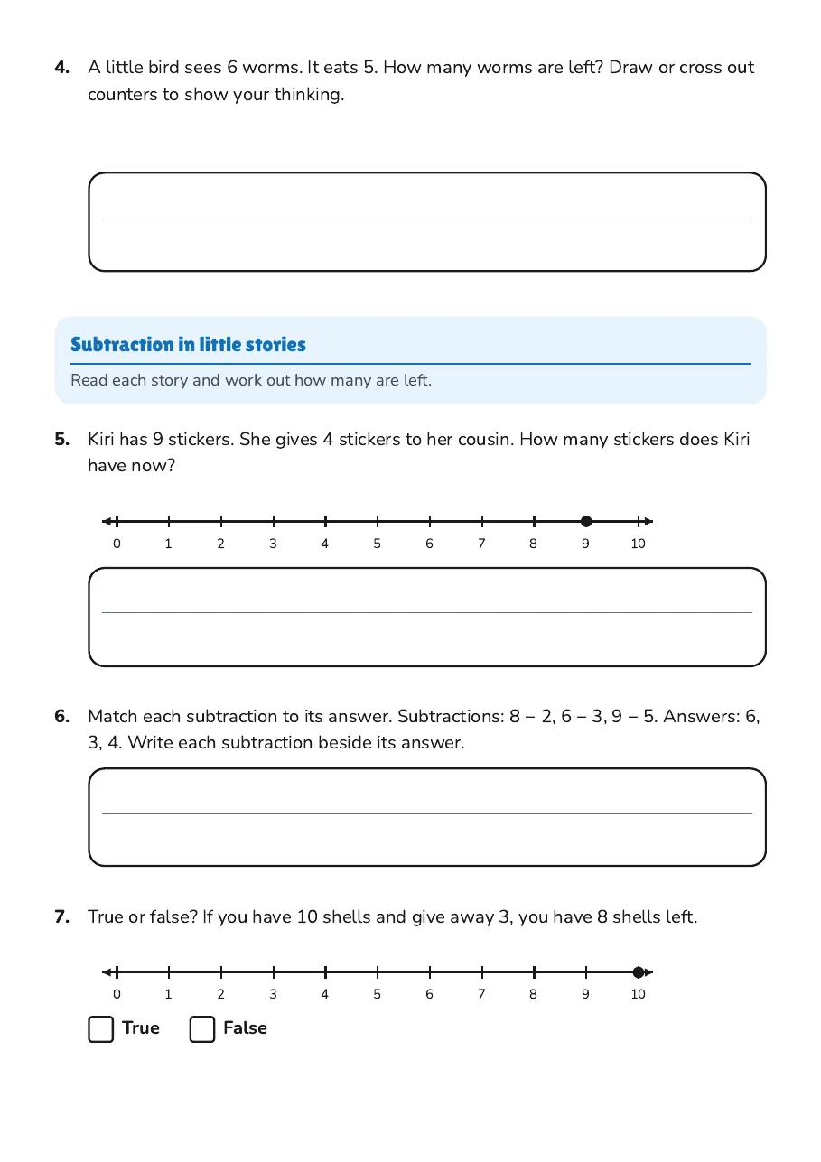 Numicon Subtraction Revision Worksheet, page 2 of 3: Subtraction in little stories