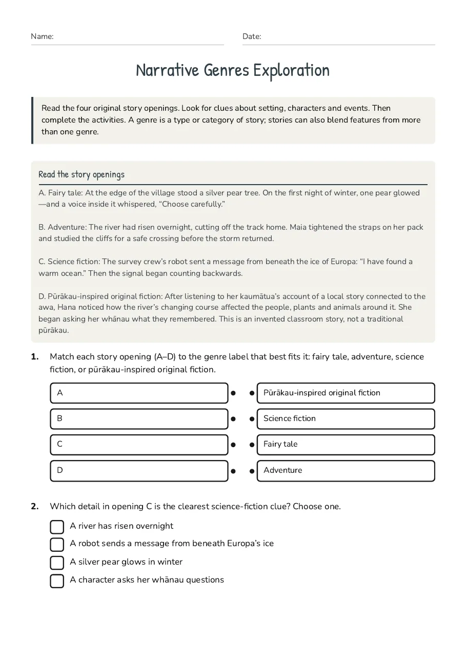Narrative Genres Exploration, page 1 of 3: Read the story openings