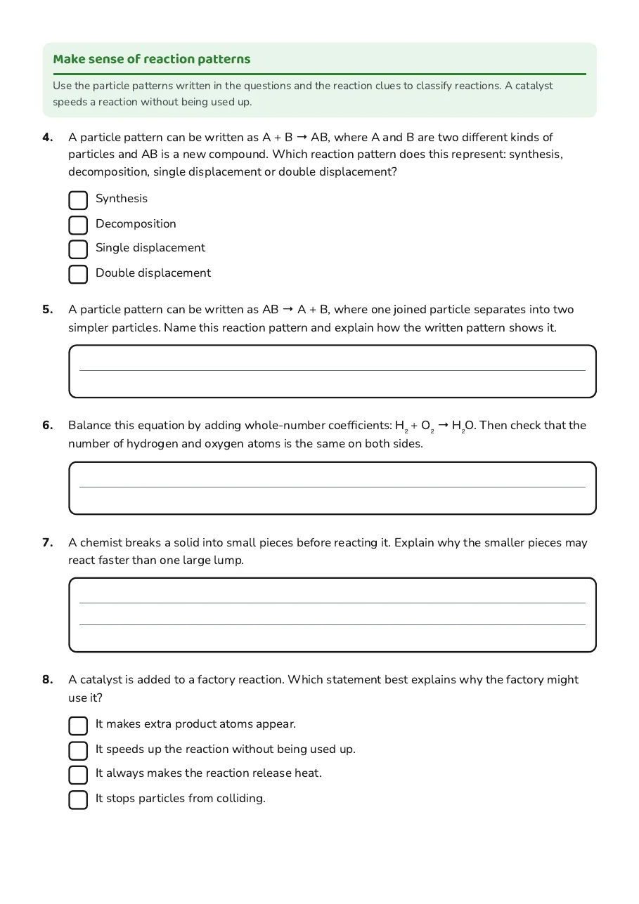 Chemical Reactions Assessment Worksheet, page 2 of 3: Make sense of reaction patterns