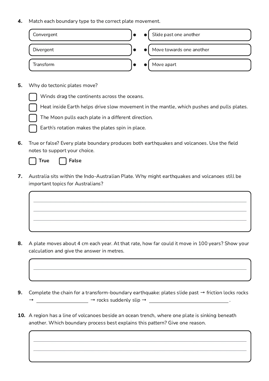 Plate Tectonic Basics, page 2 of 2: 4. Match each boundary type to the correct plate movement.