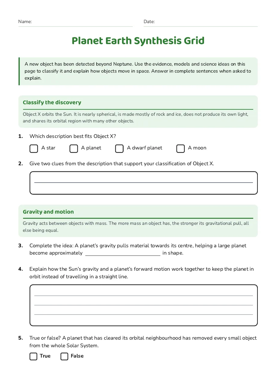 Planet Earth Synthesis Grid, page 1 of 2: Classify the discovery, Gravity and motion