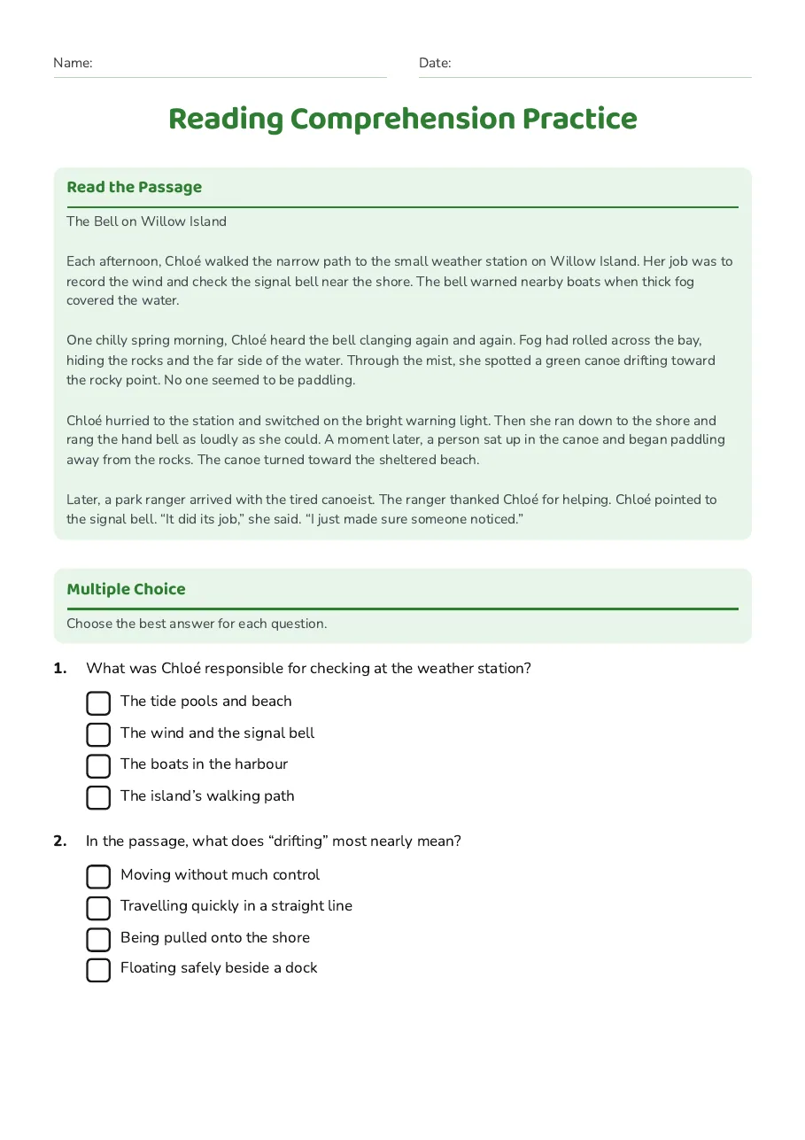 Reading Comprehension Practice, page 1 of 2: Read the Passage, Multiple Choice