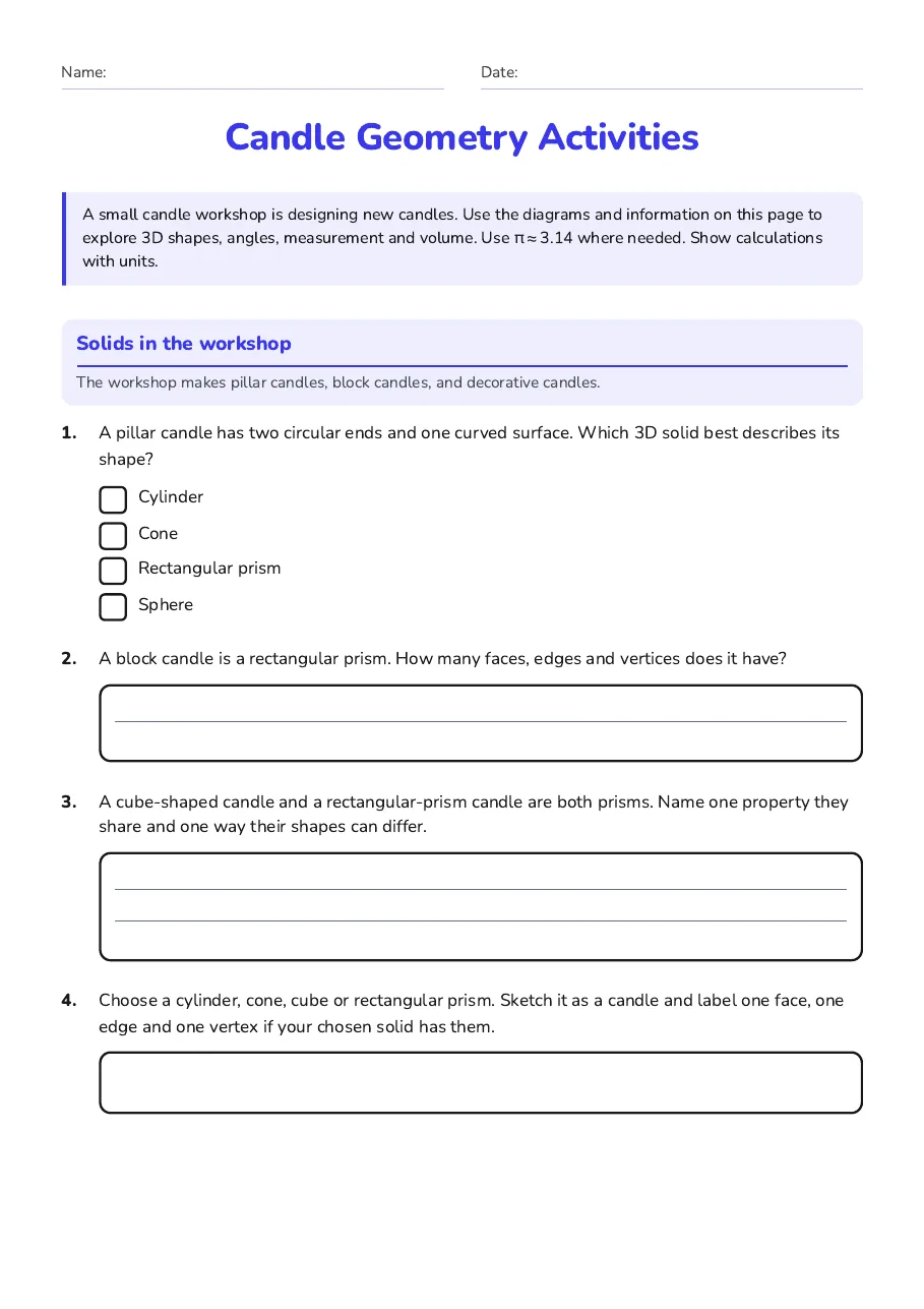 Candle Geometry Activities, page 1 of 3: Solids in the workshop