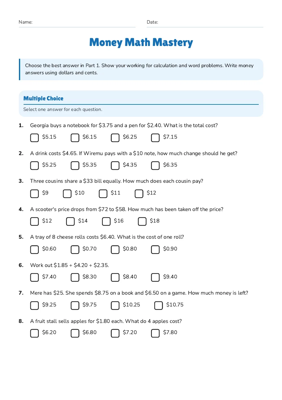 Money Math Mastery, page 1 of 4: Multiple Choice