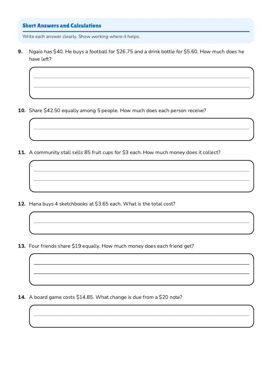 Money Math Mastery, page 2 of 4: Short Answers and Calculations