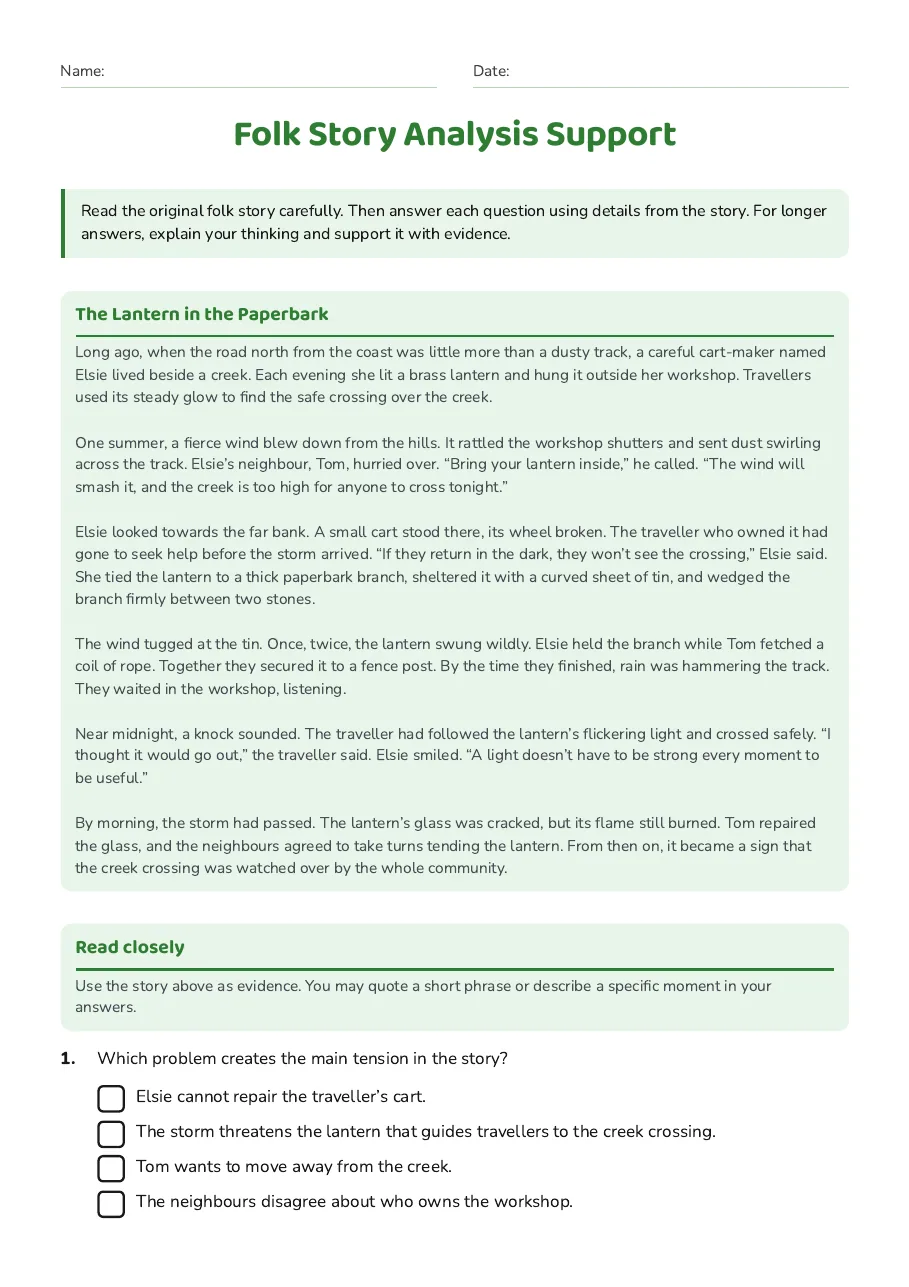 Folk Story Analysis Support, page 1 of 3: The Lantern in the Paperbark, Read closely