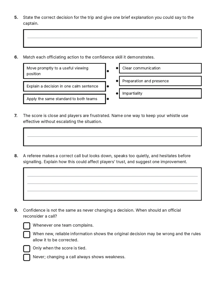 Referee Confidence Tracker, page 2 of 3: 5. State the correct decision for the trip and give one brief explanation you could say…