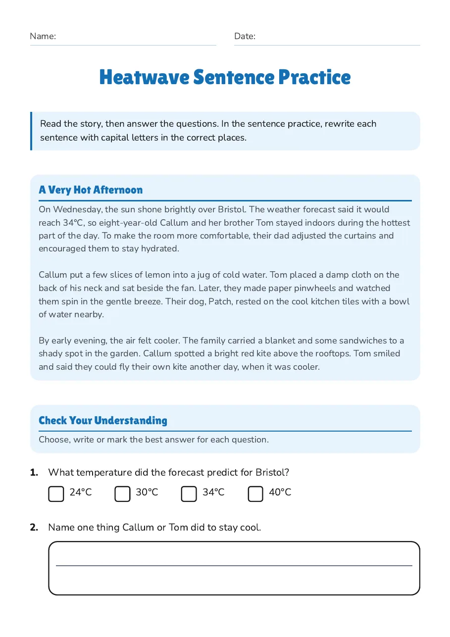 Heatwave Sentence Practice, page 1 of 3: A Very Hot Afternoon, Check Your Understanding