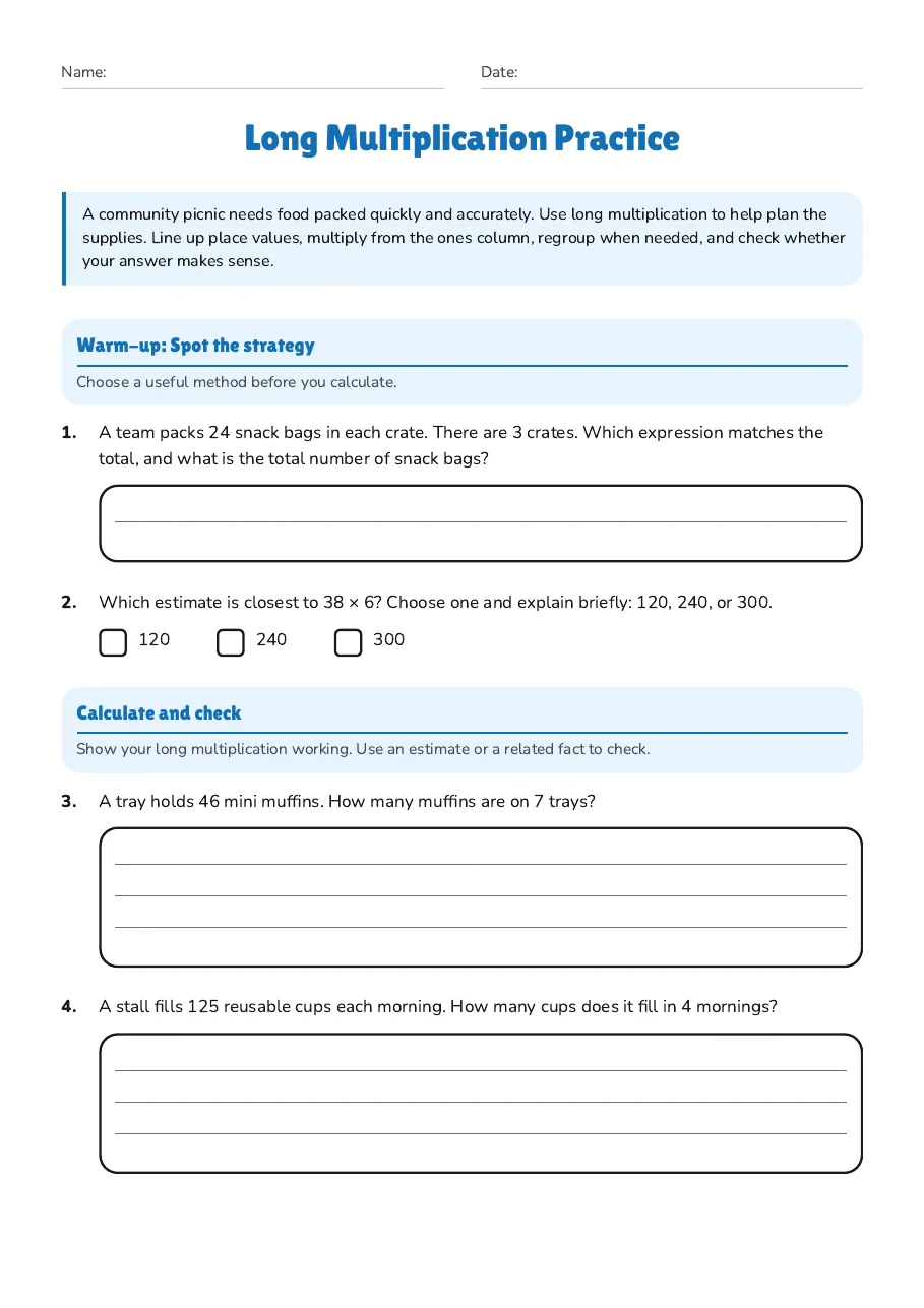 Long Multiplication Practice, page 1 of 3: Warm-up: Spot the strategy, Calculate and check