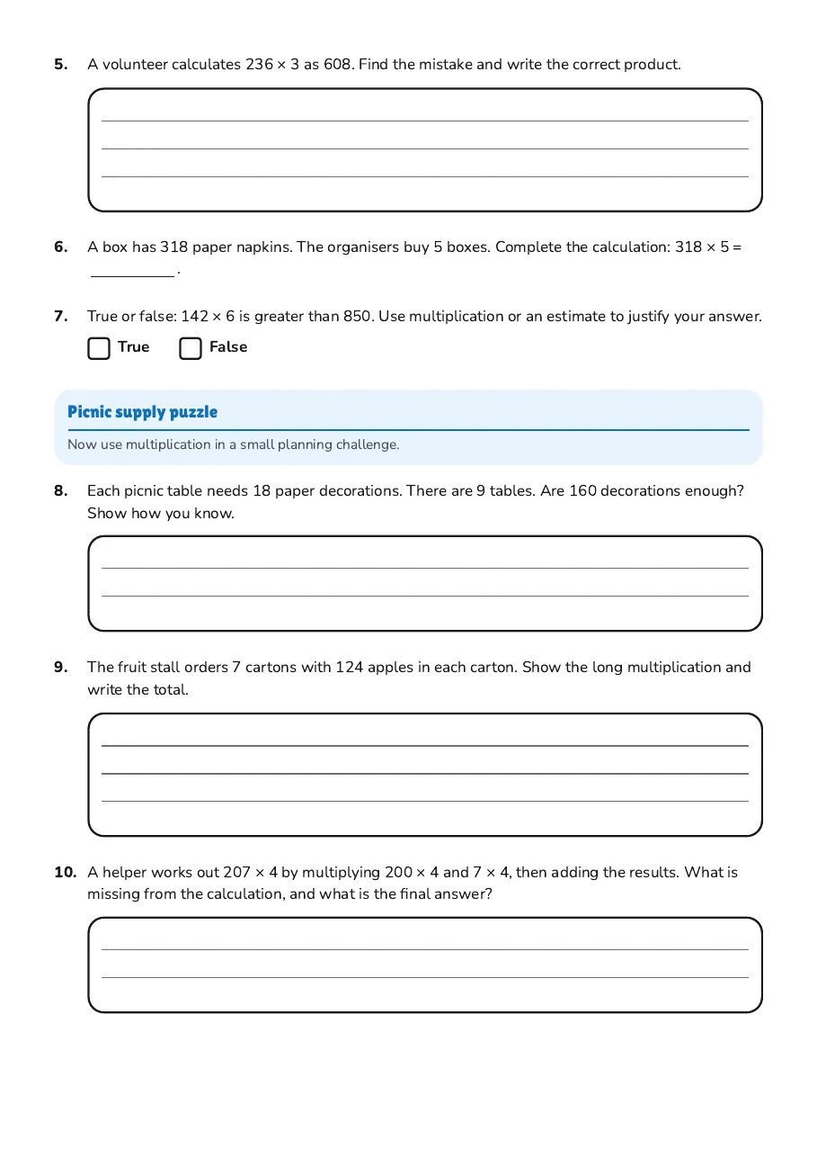 Long Multiplication Practice, page 2 of 3: Picnic supply puzzle