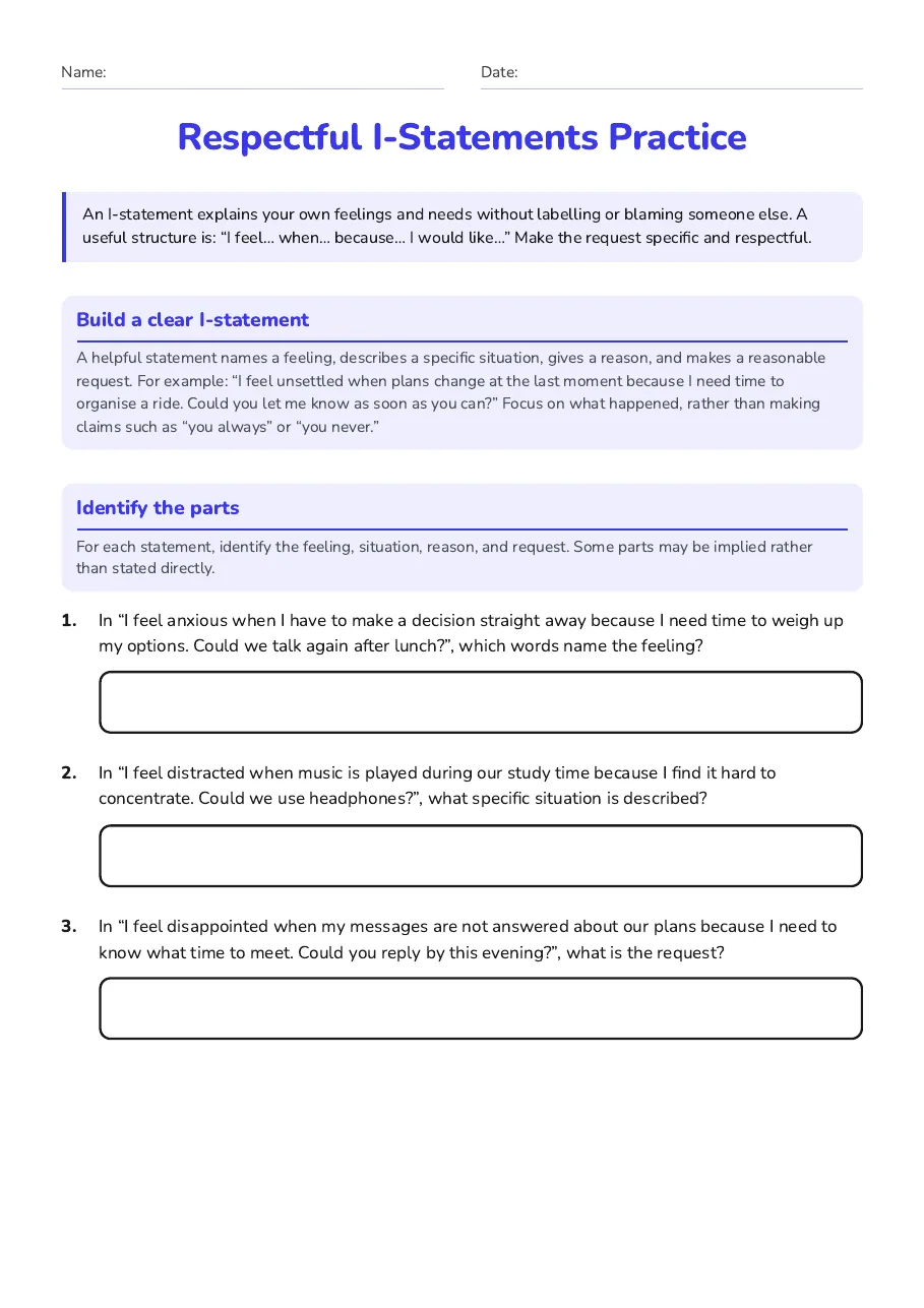 Respectful I-Statements Practice, page 1 of 4: Build a clear I-statement, Identify the parts