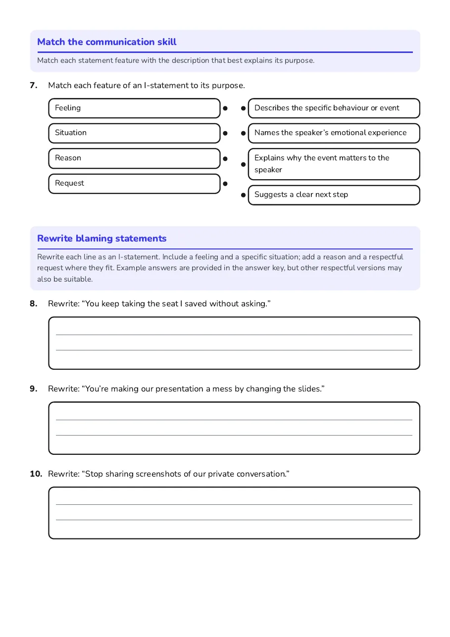 Respectful I-Statements Practice, page 3 of 4: Match the communication skill, Rewrite blaming statements
