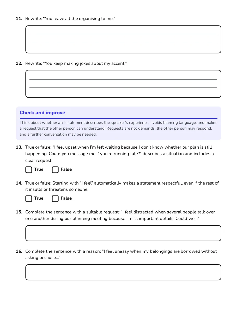 Respectful I-Statements Practice, page 4 of 4: Check and improve