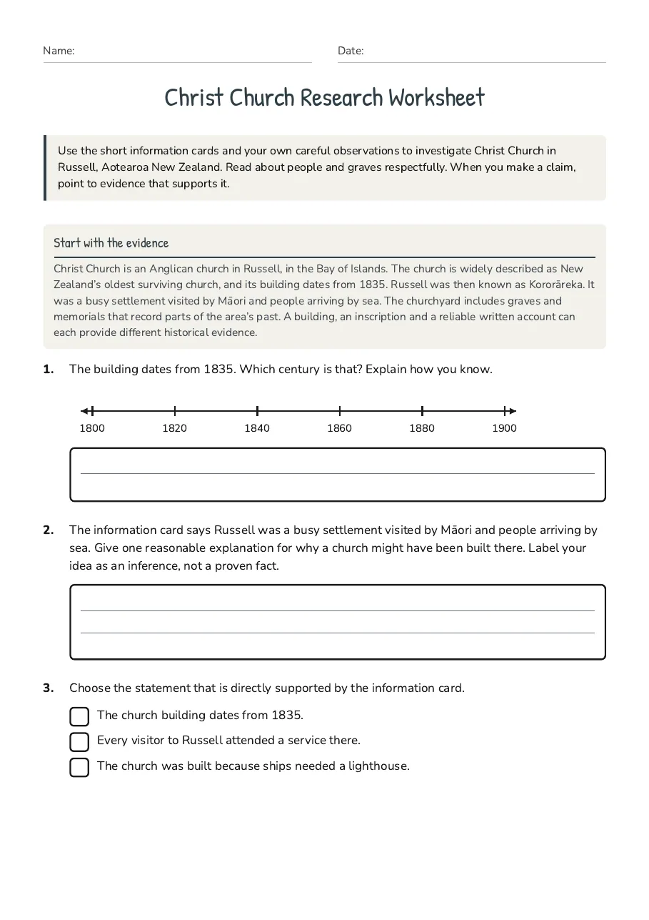 Christ Church Research Worksheet, page 1 of 3: Start with the evidence