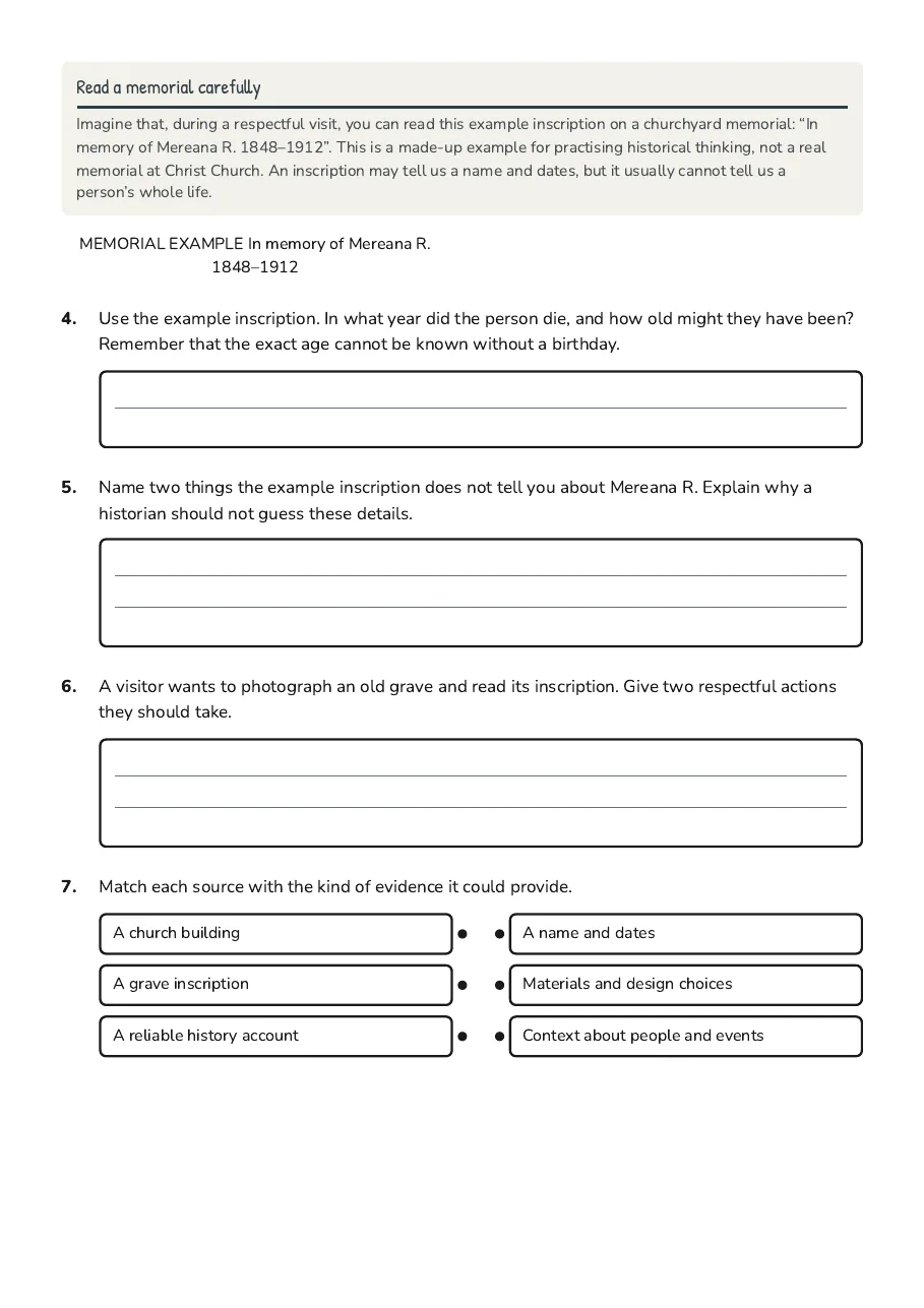 Christ Church Research Worksheet, page 2 of 3: Read a memorial carefully