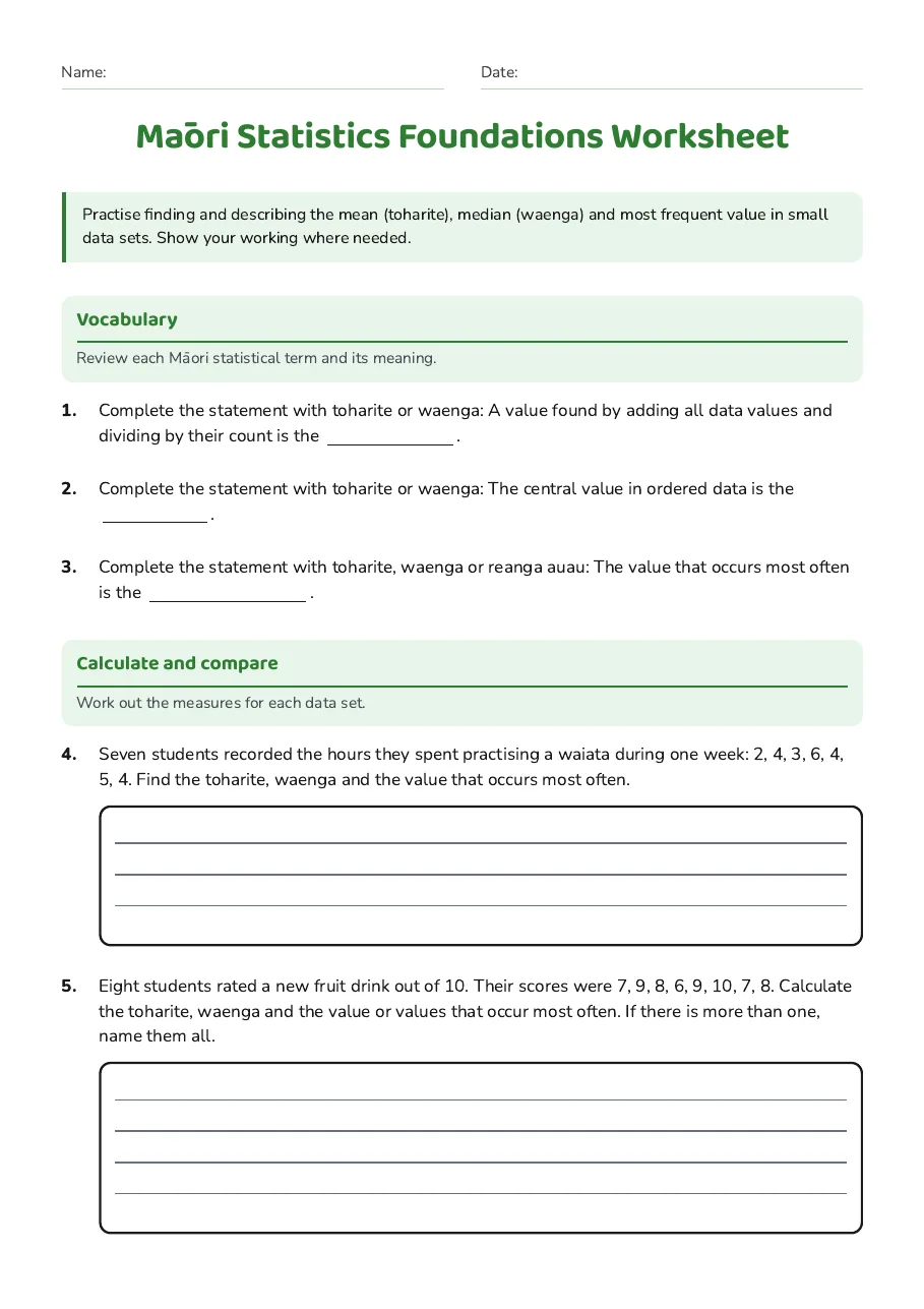 Māori Statistics Foundations Worksheet, page 1 of 3: Vocabulary, Calculate and compare