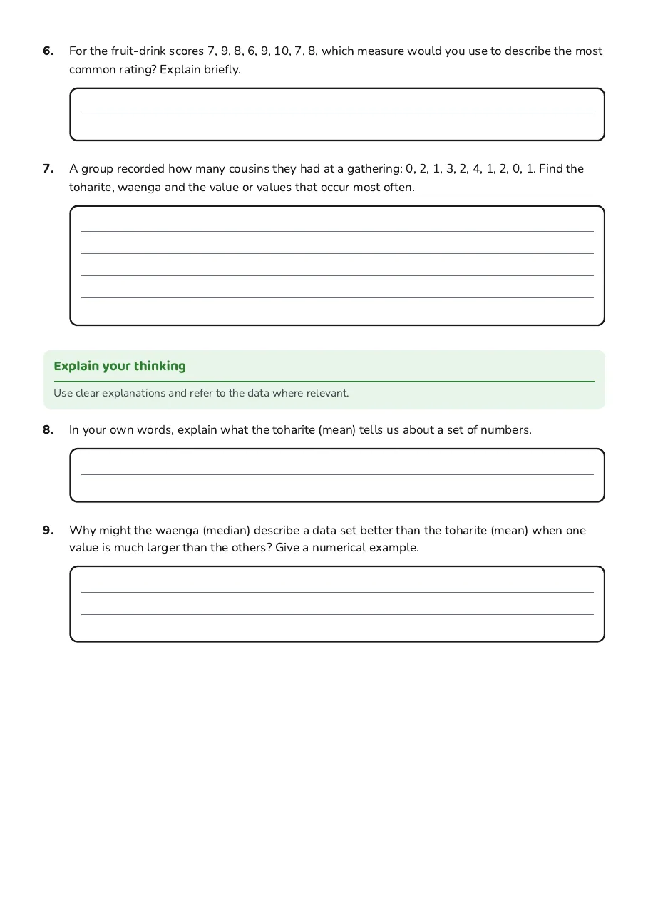Māori Statistics Foundations Worksheet, page 2 of 3: Explain your thinking