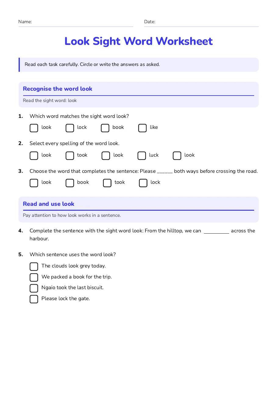 Look Sight Word Worksheet, page 1 of 3: Recognise the word look, Read and use look
