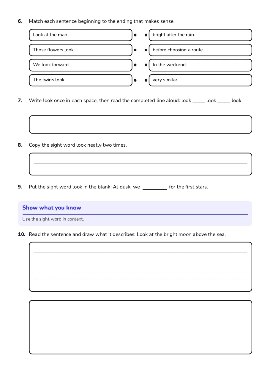 Look Sight Word Worksheet, page 2 of 3: Show what you know