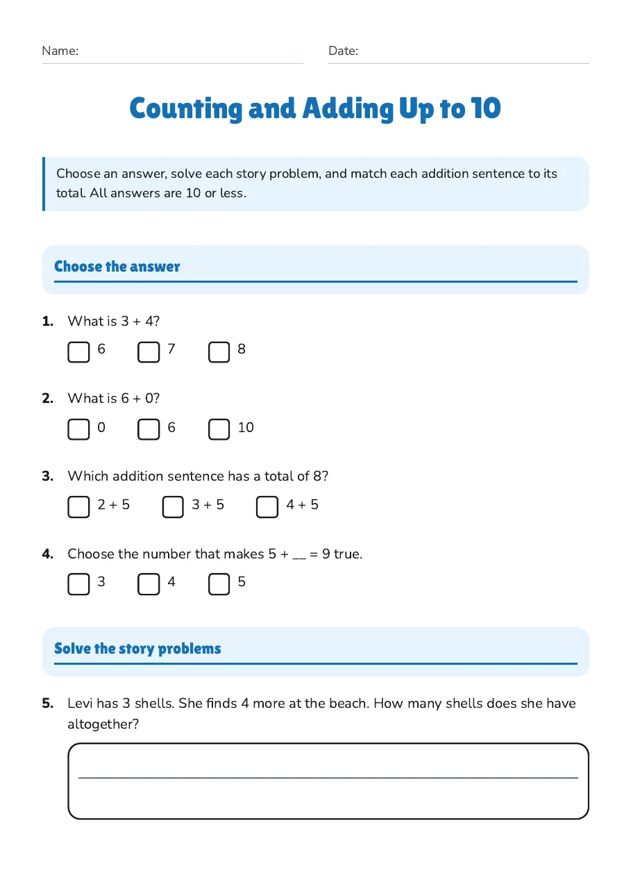 Counting and Adding Up to 10, page 1 of 3: Choose the answer, Solve the story problems