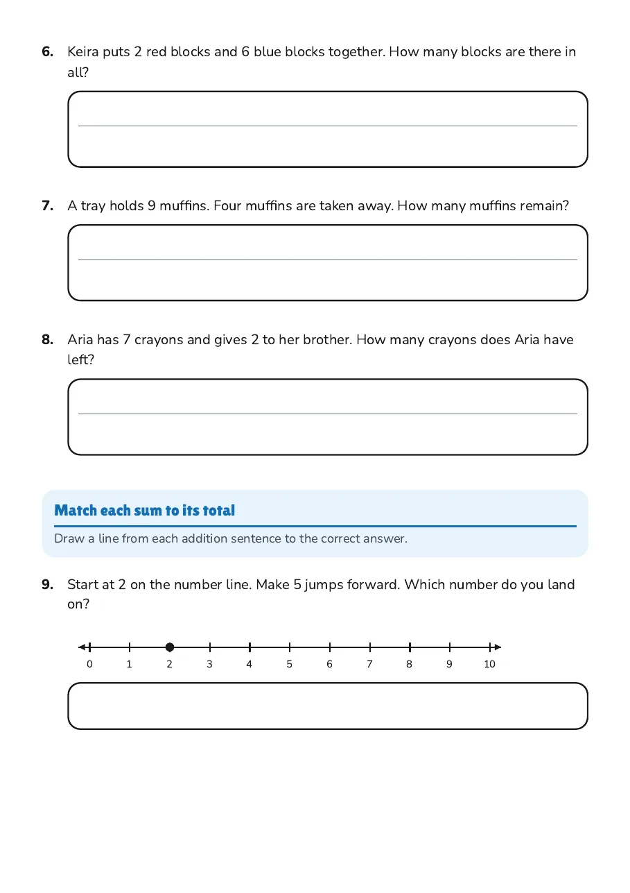 Counting and Adding Up to 10, page 2 of 3: Match each sum to its total