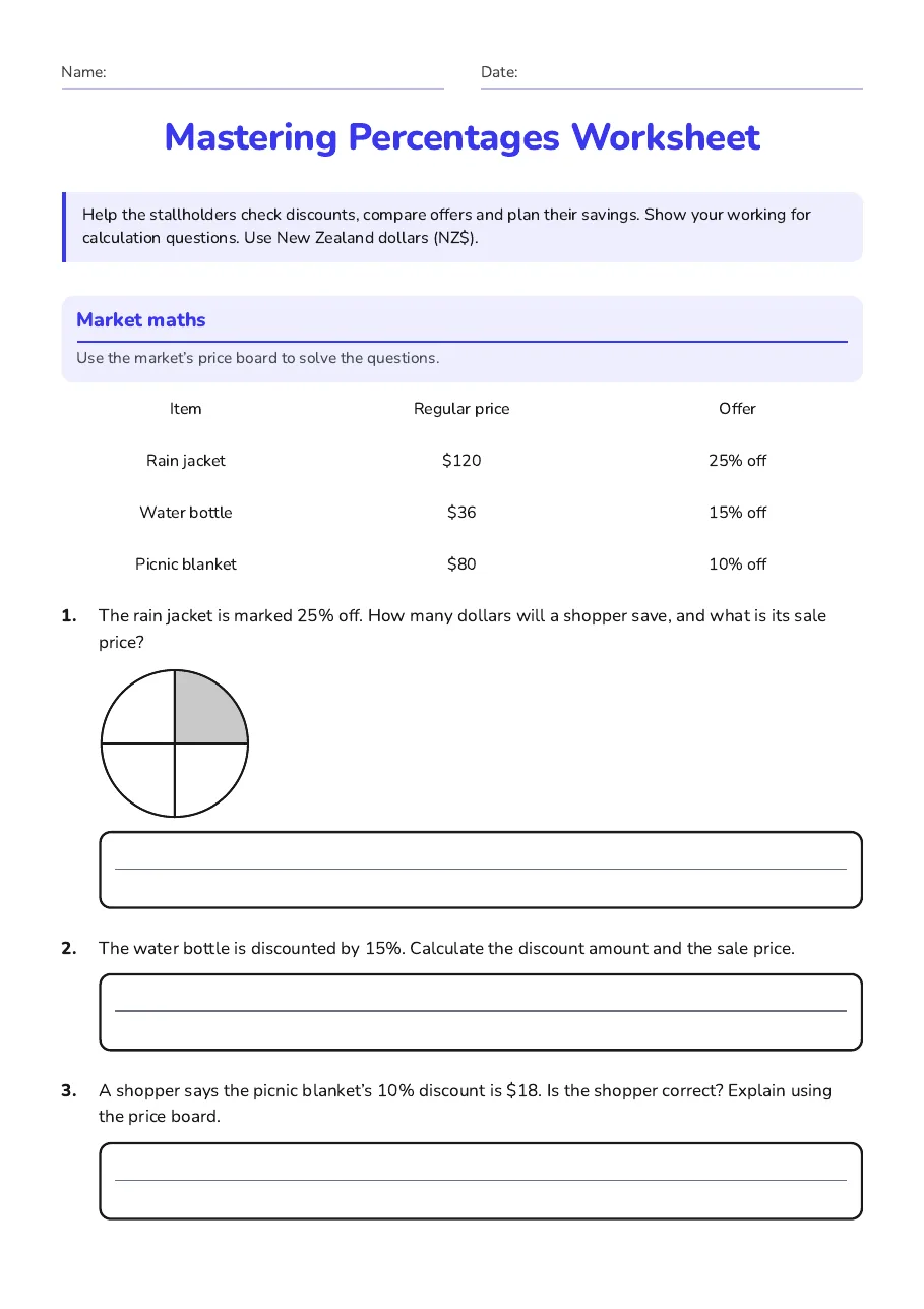 Mastering Percentages Worksheet, page 1 of 3: Market maths