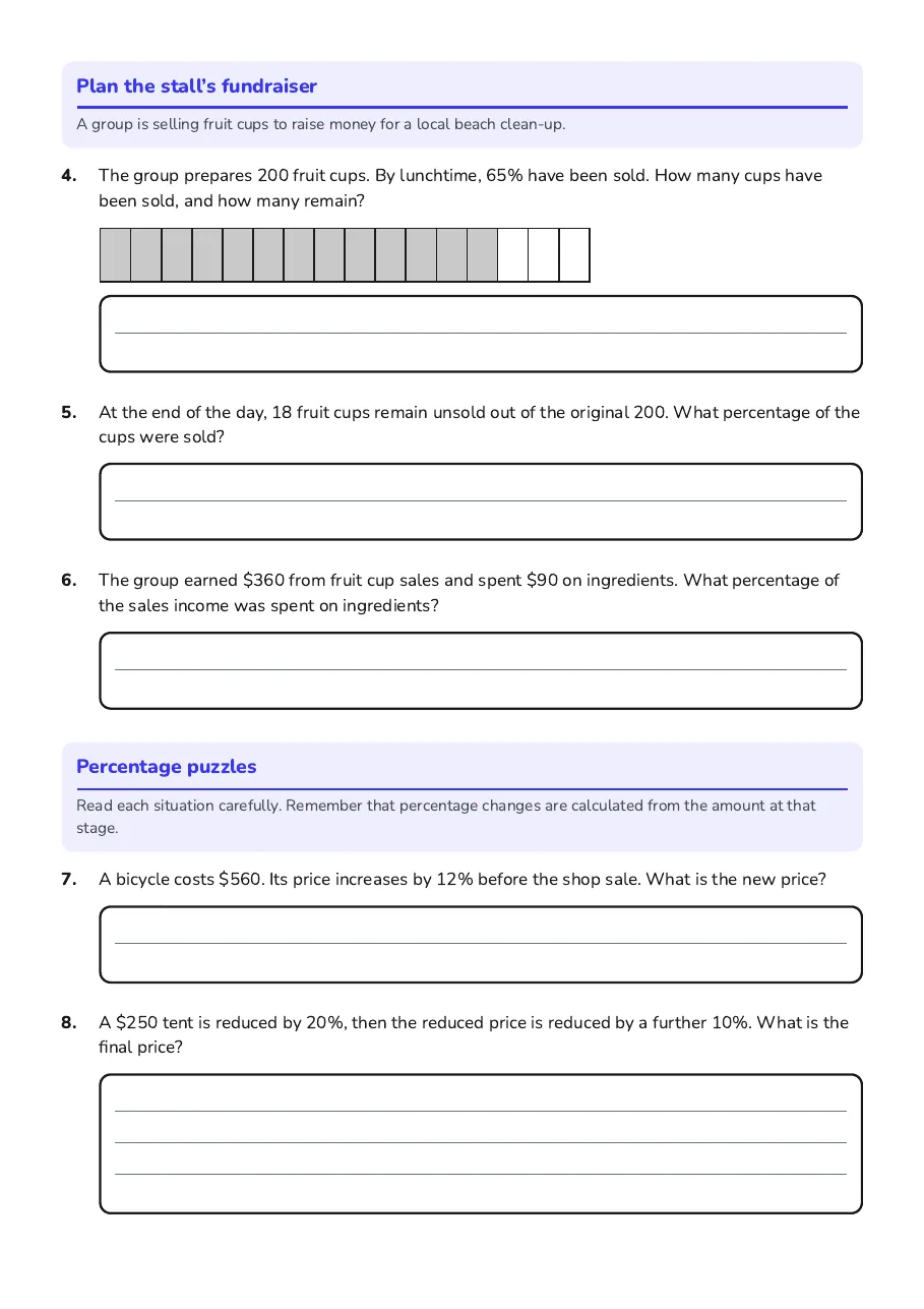 Mastering Percentages Worksheet, page 2 of 3: Plan the stall’s fundraiser, Percentage puzzles