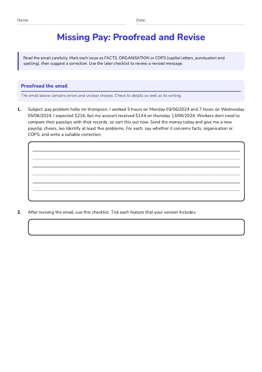 Students proofread a flawed workplace email about missing pay and check a revised message against a workplace communication checklist.