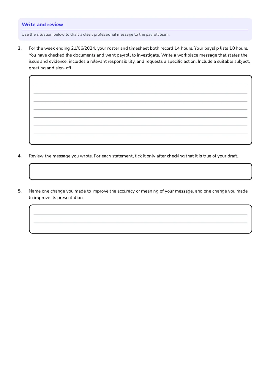Students draft a respectful payroll query using timesheet and payslip evidence, then complete a final accuracy and writing check.