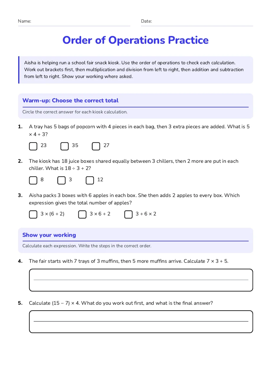 Order of Operations Practice, page 1 of 2: Warm-up: Choose the correct total, Show your working