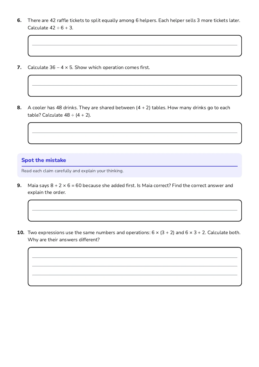 Order of Operations Practice, page 2 of 2: Spot the mistake