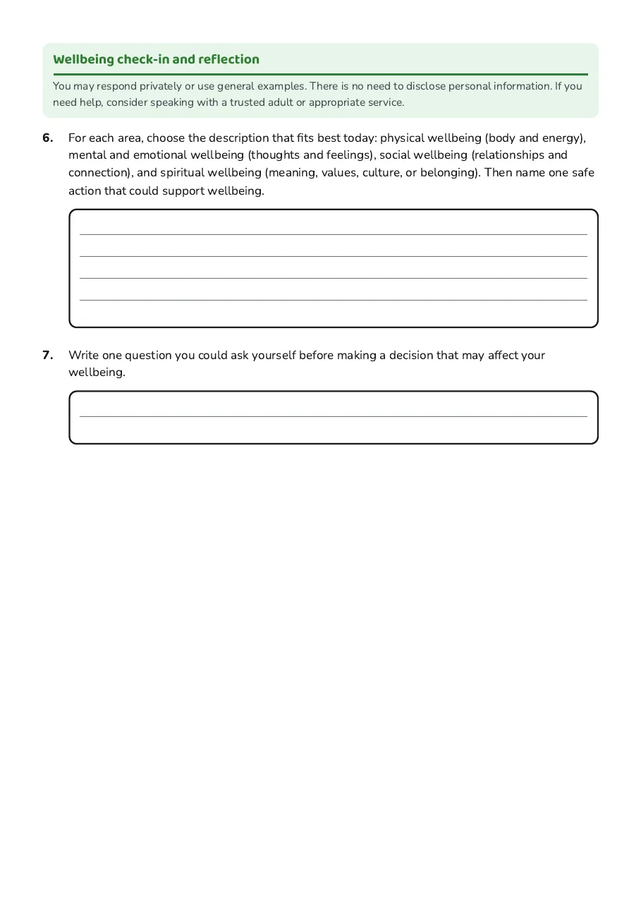 Healthy Choices and Wellbeing, page 3 of 3: Wellbeing check-in and reflection