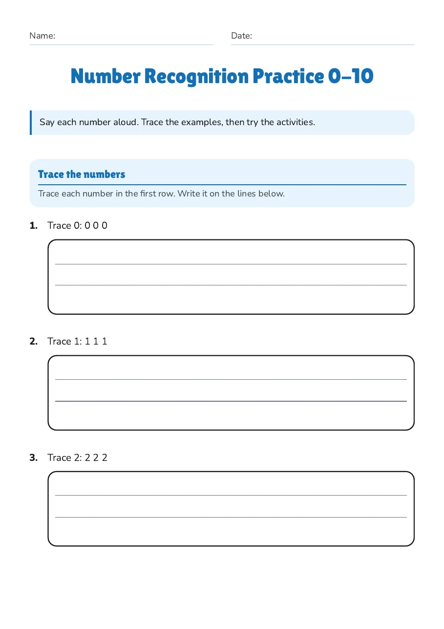 Number Recognition Practice 0-10, page 1 of 5: Trace the numbers