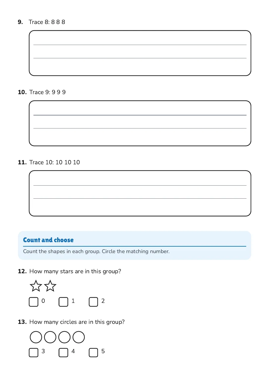 Number Recognition Practice 0-10, page 3 of 5: Count and choose