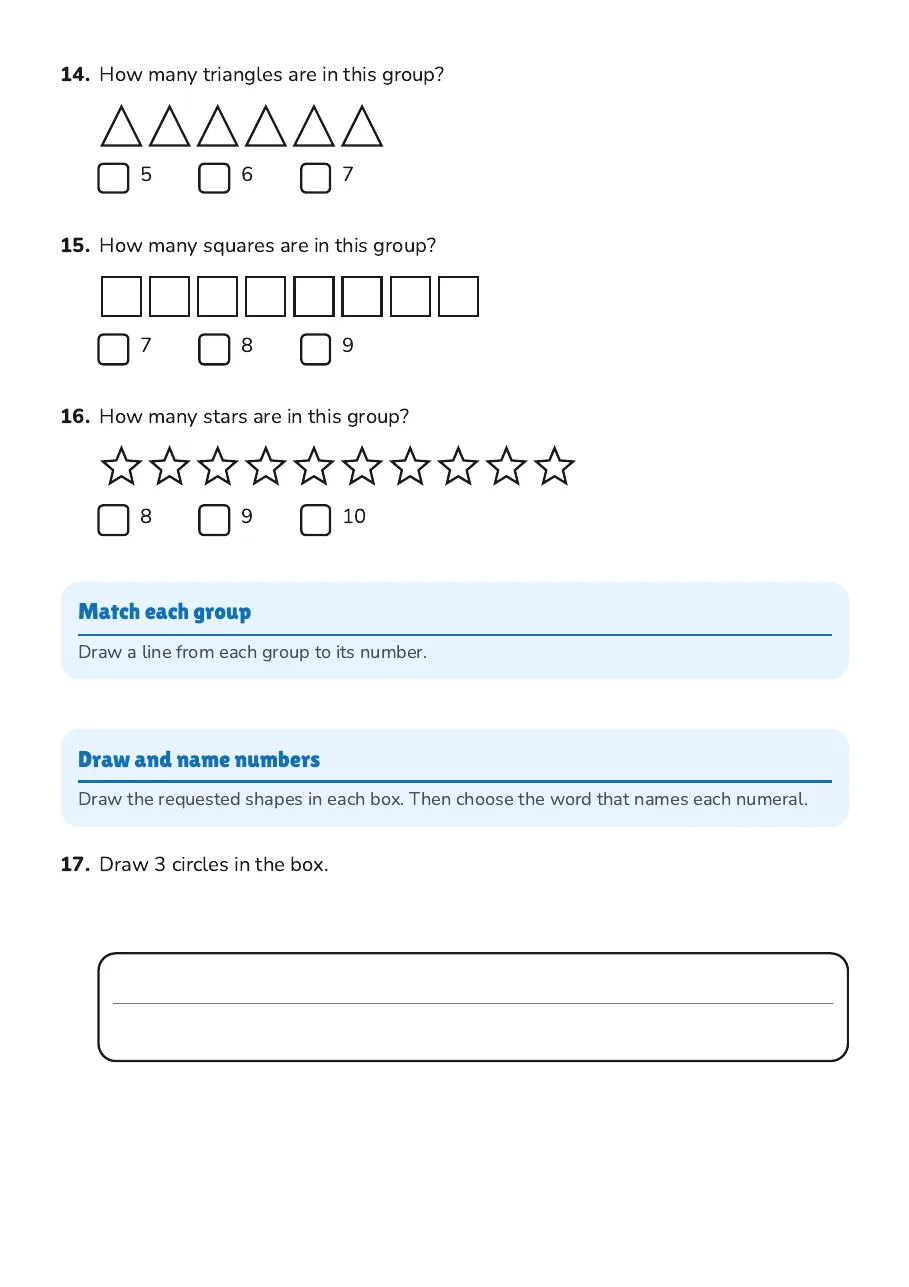 Number Recognition Practice 0-10, page 4 of 5: Match each group, Draw and name numbers