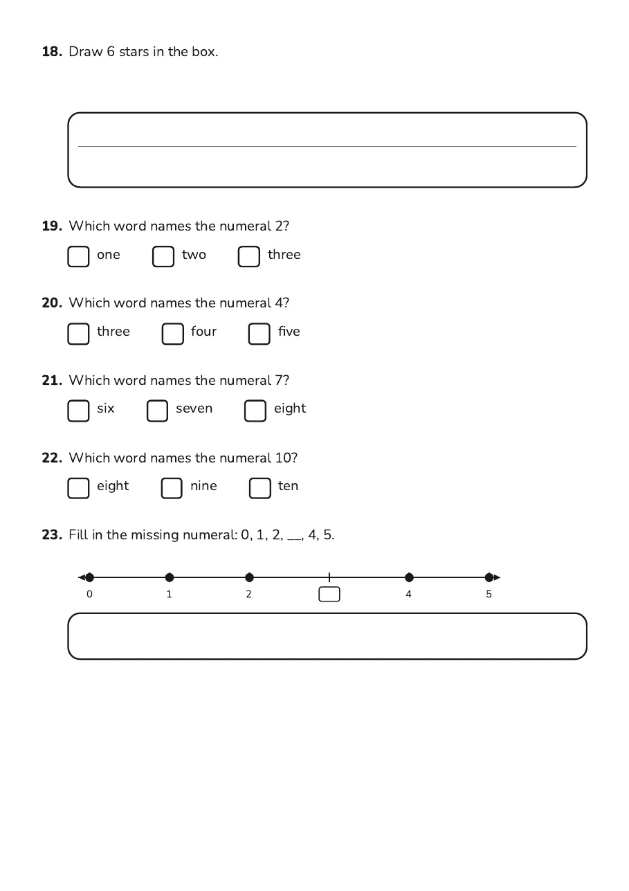 Number Recognition Practice 0-10, page 5 of 5: 18. Draw 6 stars in the box.